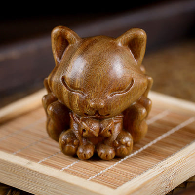 Buddha Stones Mini Nine-Tailed Fox Ivory Fruit Sandalwood Green Sandalwood Blessing Decoration Decorations BS 15