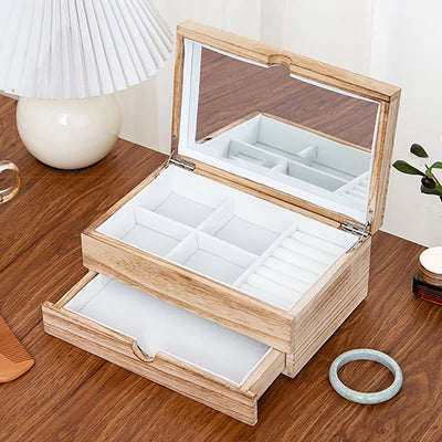 Buddha Stones Retro Beige Wooden Jewelry Box Two-Layer Jewelry Storage Box With Mirror - image 4
