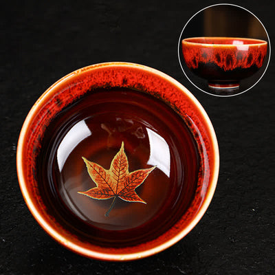 Buddha Stones Maple Leaf Colorful Ceramic Teacup Home Tea Cups Cup BS 8.5cm*4.5cm*120ml Red