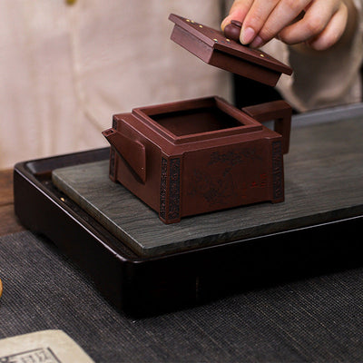 Buddha Stones Yixing All Handmade Gomoku Playing Chess Purple Clay Kung Fu Square Teapot 280ml Teapot BS 7