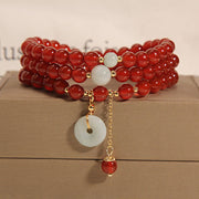 Bracelet triple tour Foviel en agate rouge naturelle et jade, motif anneau de paix
