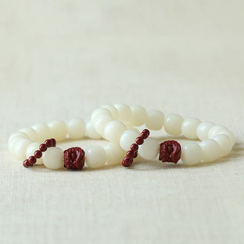Buddha Stones Natural Bodhi Seed Cinnabar Dancing Lion Charm Wisdom Harmony Wrist Mala Wrist Mala BS 4