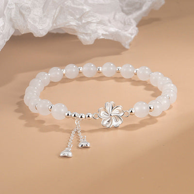 Buddha Stones White Jade Peach Blossom Petals Flower Luck Bracelet Bracelet BS White Jade(Protection♥Happiness)(Wrist Circumference 14-16cm)