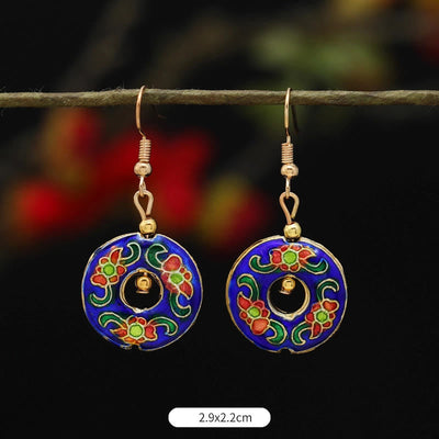 Buddha Stones Lotus Butterfly Flower Alloy Copper Enlightenment Drop Earrings Earrings BS Dark Blue Flower Circle 2.9*2.2cm