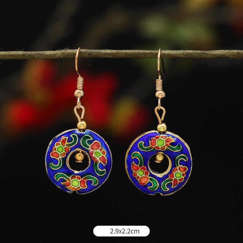 Buddha Stones Lotus Butterfly Flower Alloy Copper Enlightenment Drop Earrings Earrings BS Dark Blue Flower Circle 2.9*2.2cm