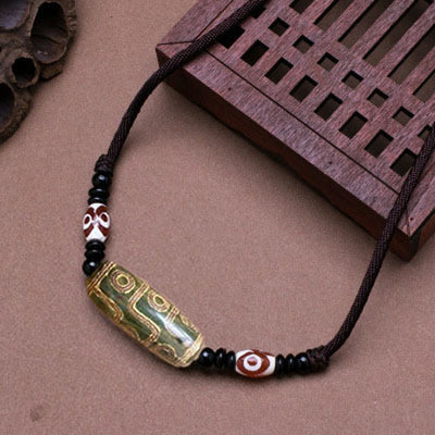 Buddha Stones Tibetan Nine-Eye Dzi Bead Protection String Necklace Necklaces & Pendants BS Green