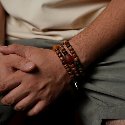 Buddha Stones Tibetan Bodhi Seed Amber Dzi Bead Agate Zakiram Goddess of Wealth Beads Triple Wrap Bracelet Bracelet BS 13