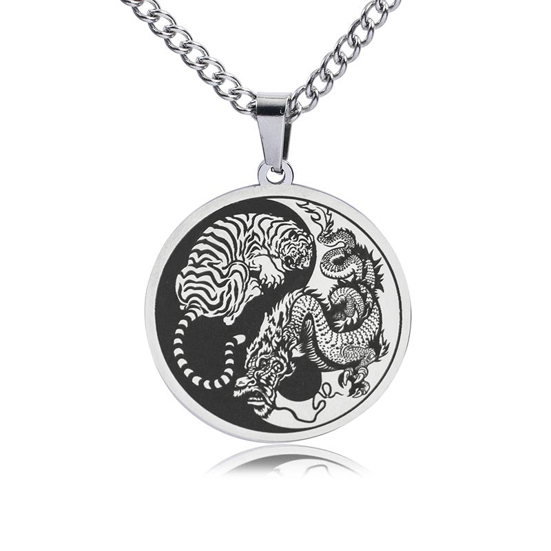 Buddha Stones Tiger Dragon Titanium Steel Chain Necklace Harmony Pendant Necklaces & Pendants BS Silver