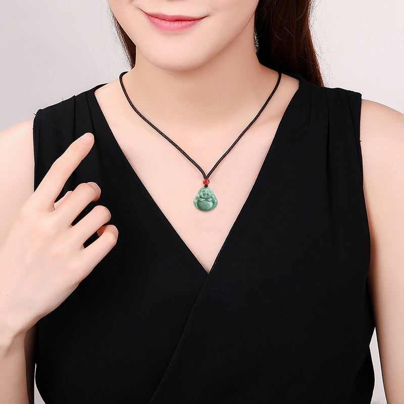 Buddha Stones Laughing Buddha Cyan Jade Success Necklace String Pendant Necklaces & Pendants BS 4