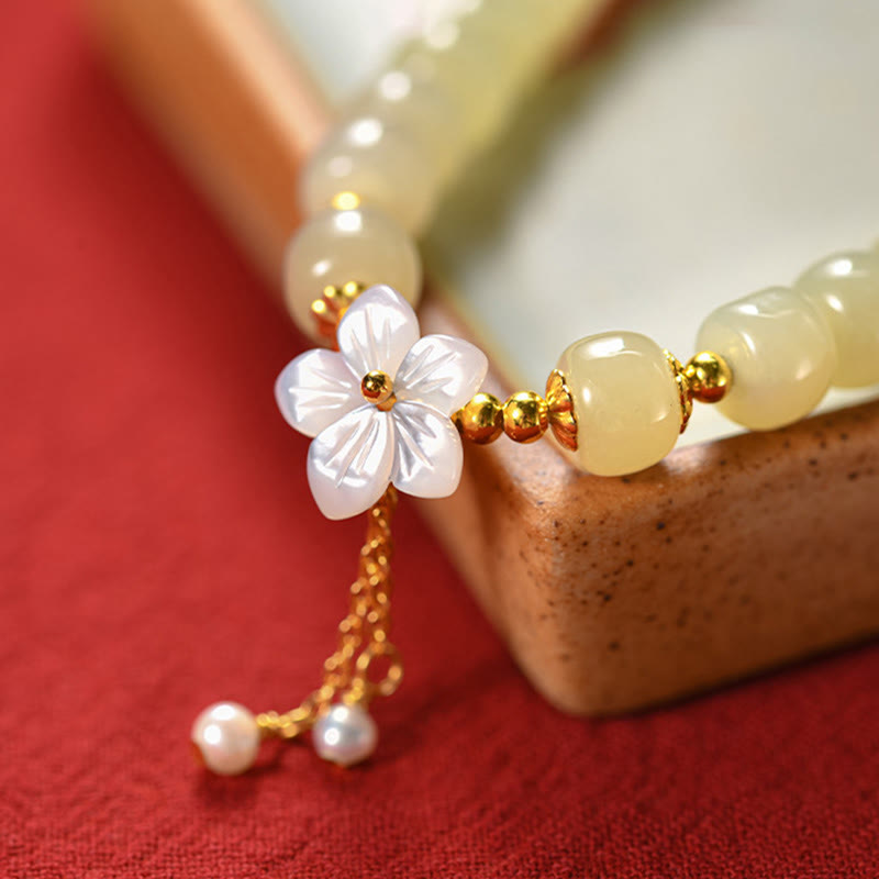 Buddha Stones 925 Sterling Silver Natural Hetian Jade Luck Flower Bracelet Bracelet BS 8