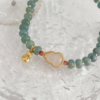 Buddha Stones Natural Hetian Jade Pearl Peace Buckle Fu Character Gourd Money Bag Strawberry Quartz PiXiu Luck Bracelet Bracelet BS 7