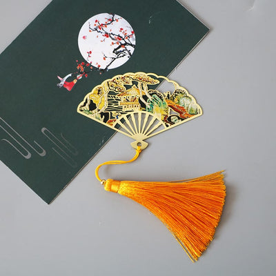 Buddha Stones Traditional Butterfly Lotus Flower Crane Dragon Phoenix Fox Koi Fish New Beginning Metal Brass Hollow Fan Bookmarks Bookmarks BS Tree Pavilion