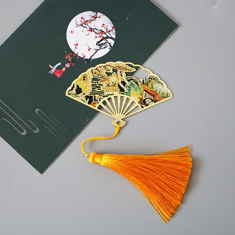 Buddha Stones Traditional Butterfly Lotus Flower Crane Dragon Phoenix Fox Koi Fish New Beginning Metal Brass Hollow Fan Bookmarks Bookmarks BS Tree Pavilion