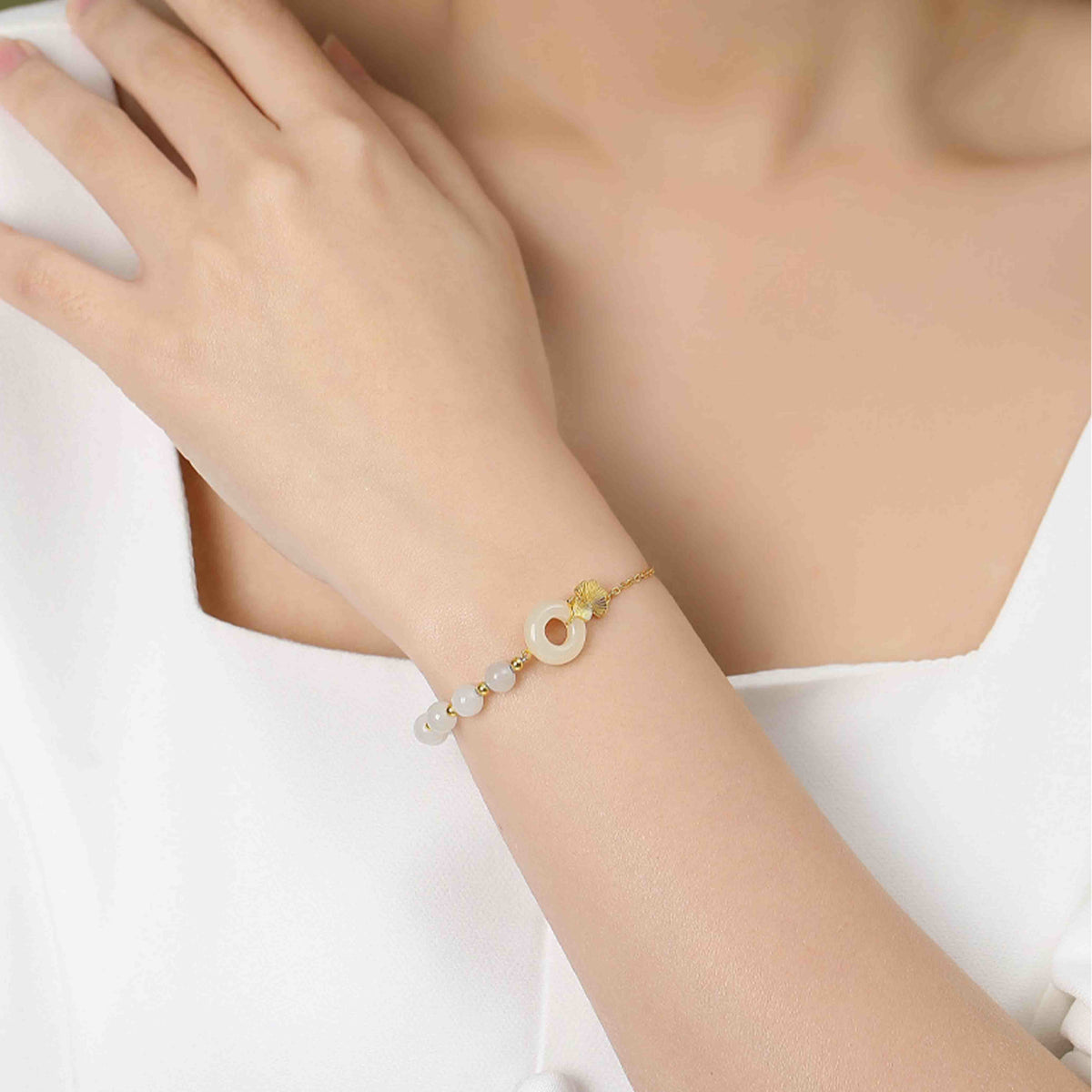 Buddha Stones 925 Sterling Silver Hetian White Jade Peace Buckle Ginkgo Leaf Luck Bracelet Bracelet BS 2