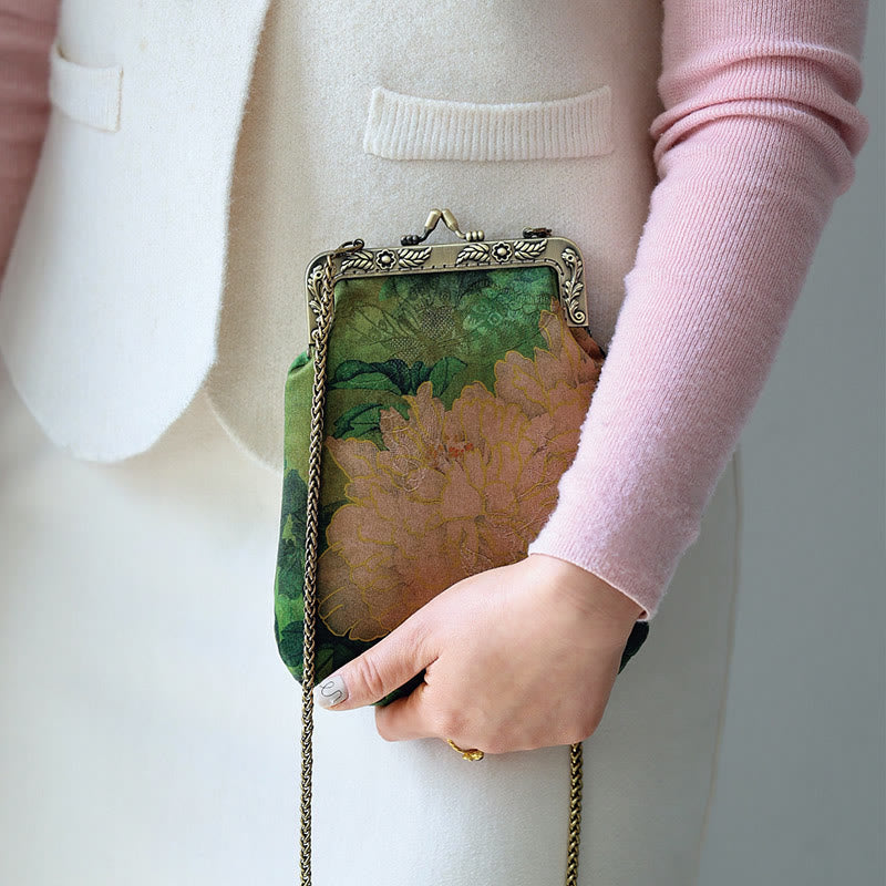 Buddha Stones Small Green Peony Butterfly Metal Chain Crossbody Bag Shoulder Bag Cellphone Bag Crossbody Bag BS 7