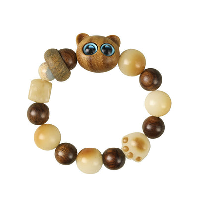 Buddha Stones Natural Bodhi Seed Sandalwood Lucky Cute Cat Head Paw Claw Peace Bracelet Bracelet BS 11