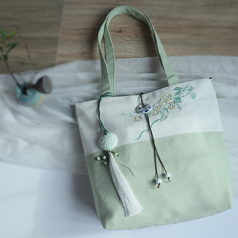 Buddha Stones Pear Flower Plum Peach Blossom Bamboo Embroidery Canvas Large Capacity Shoulder Bag Tote Bag - image 39