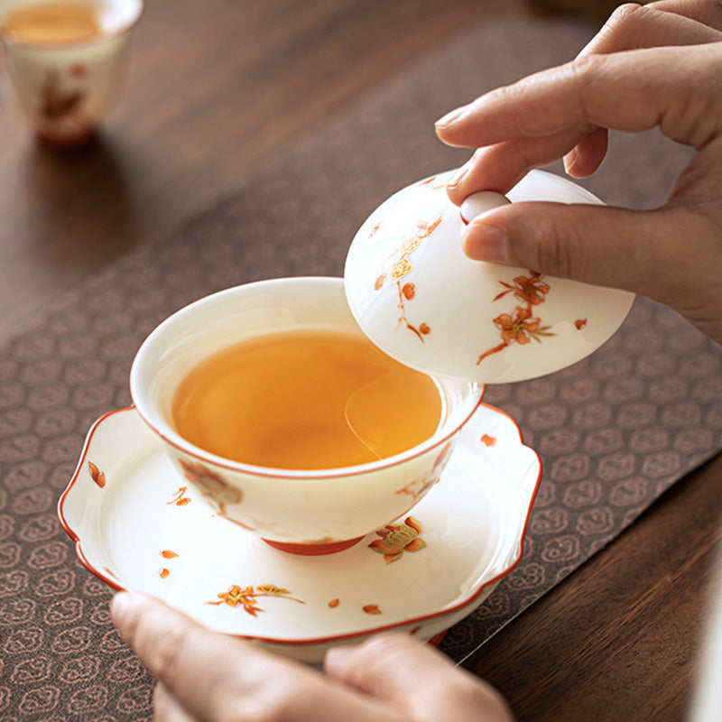 Buddha Stones White Porcelain Flowers Ceramic Gaiwan Sancai Teacup Kung Fu Tea Cup And Saucer With Lid Cup BS 3