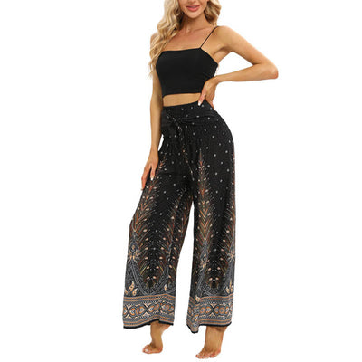 Buddha Stones Boho Peacock Feathers Lace-up Wide Leg Pants Women's Yoga Pants Women's Wide Leg Pants BS 5