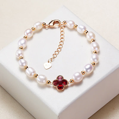 Buddha Stones Pearl Four Leaf Clover Wealth Chain Bracelet Bracelet BS Red Four Leaf Clover