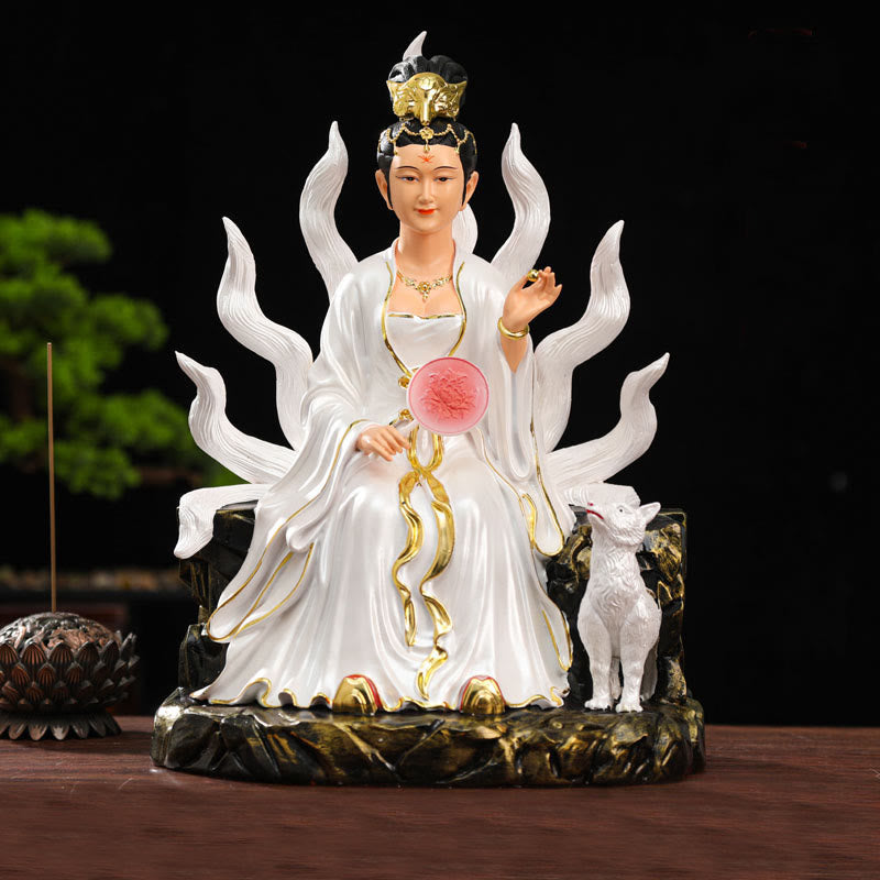 Buddha Stones Nine Tailed Fox Fairy Luck Protection Resin Home Decoration Decorations BS White Female Nine-Tailed Fox