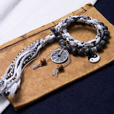 Buddha Stones Black Glitter Stone Cat's Eye Yin Yang Mountain Ghosts Spend Money Power Double Layer Rope Bracelet Bracelet BS Black Glitter Stone(Wrist Circumference 14-18cm)