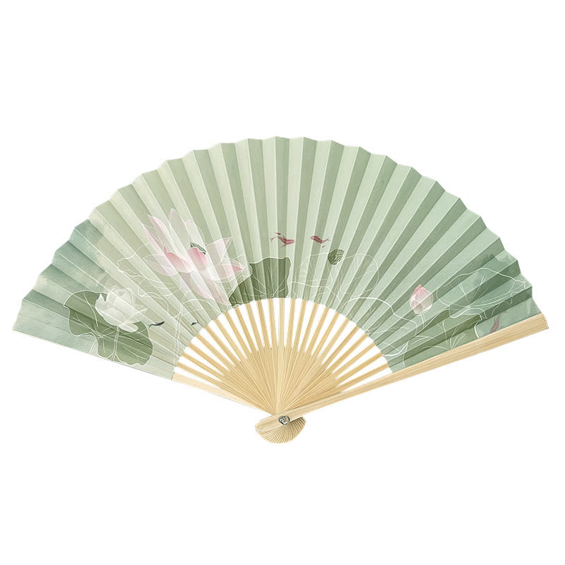 Buddha Stones Lotus Flowers Leaf Koi Fish Handheld Paper Bamboo Folding Fan Folding Fan BS 9