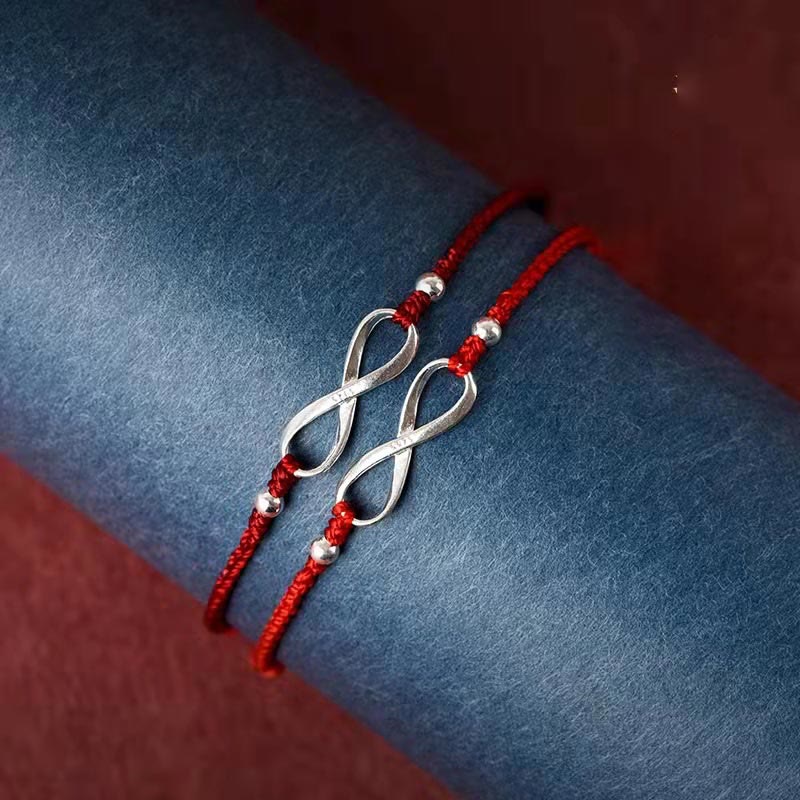 Buddhastoneshop 925 Sterling Silver Endless Knot Protection Luck Red String Bracelet Anklet