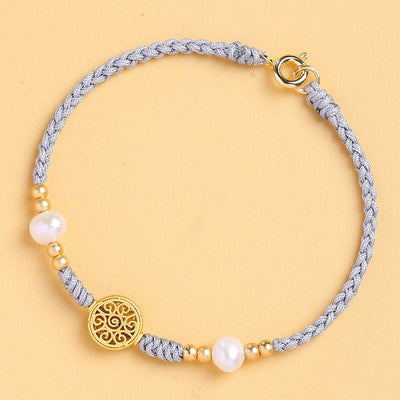 Buddha Stones Copper Coin Fortune Tree Pearl Luck Blue Rope Braided Bracelet Bracelet BS 20