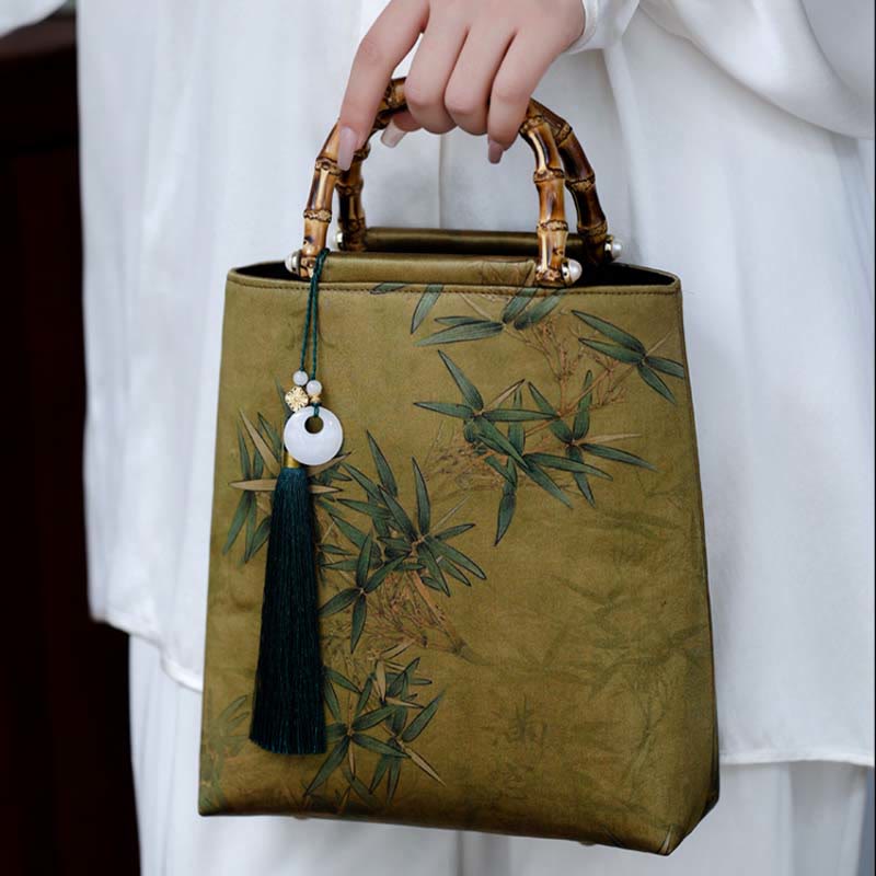 Buddha Stones Yellow Green Bamboo Leaves Bamboo Handles Handbag Handbags BS 9