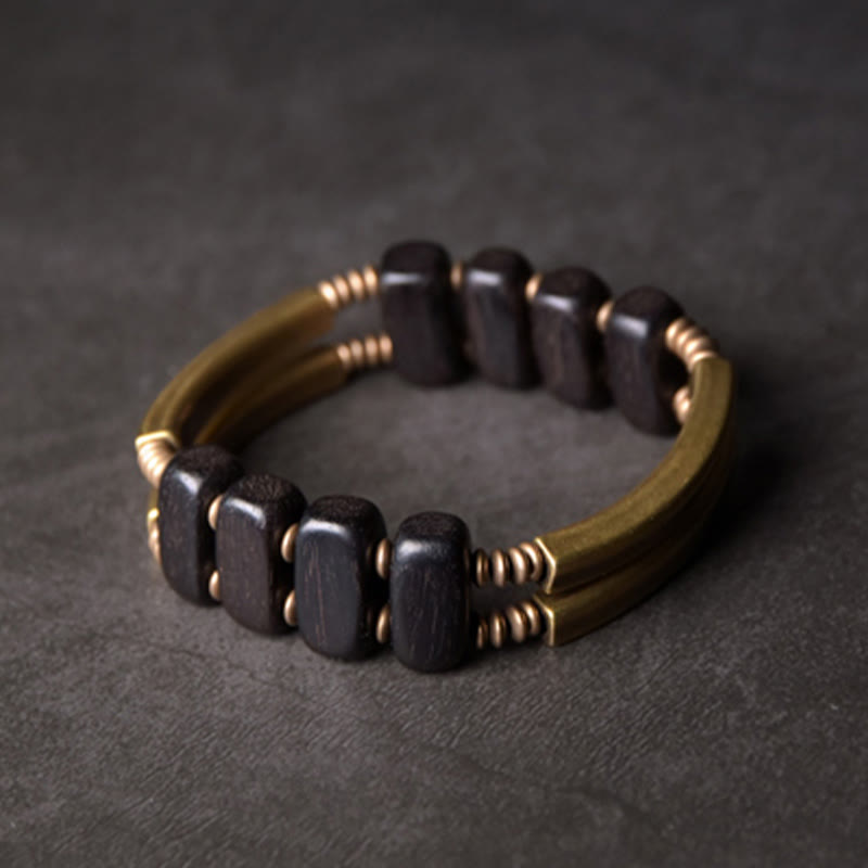 Buddha Stones Tibetan Ebony Wood Brass Copper Balance Double Layer Bracelet - image 8