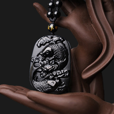 Buddha Stones Natural Black Obsidian Koi Fish Lotus Strength Beaded Necklace Pendant Necklaces & Pendants BS 3
