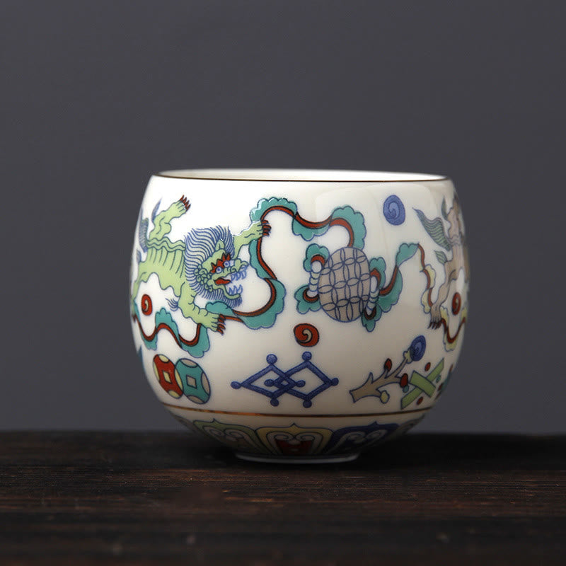 Buddha Stones Vintage Plum Blossom Pine Bamboo Phoenix Kirin Lion Dancing Ceramic Teacup Tea Cups Cup BS Kirin(5.8cm*5.5cm*95ml)