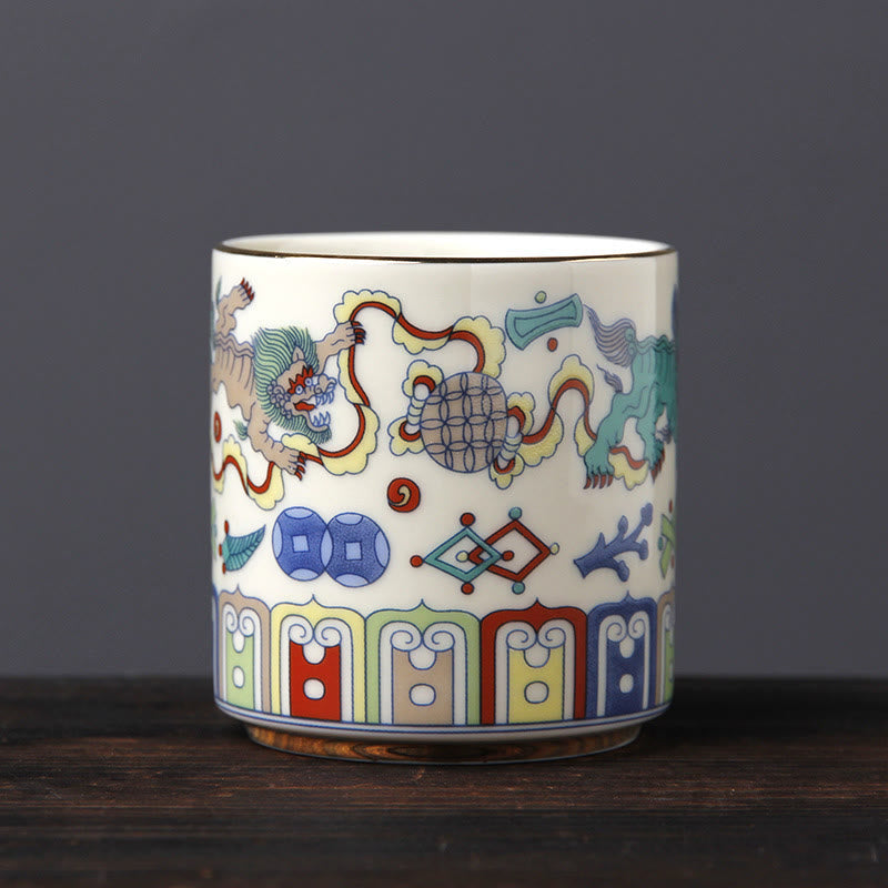 Buddha Stones Vintage Plum Blossom Pine Bamboo Phoenix Kirin Lion Dancing Ceramic Teacup Tea Cups Cup BS Kirin(6.1cm*6.5cm*130ml)