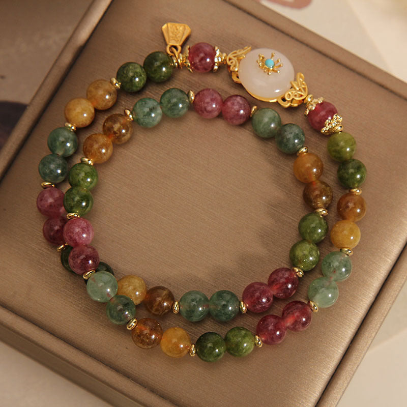 Buddha Stones Natural Multicolored Tourmaline Positive Jade Flower Double Wrap Bracelet Bracelet BS 3