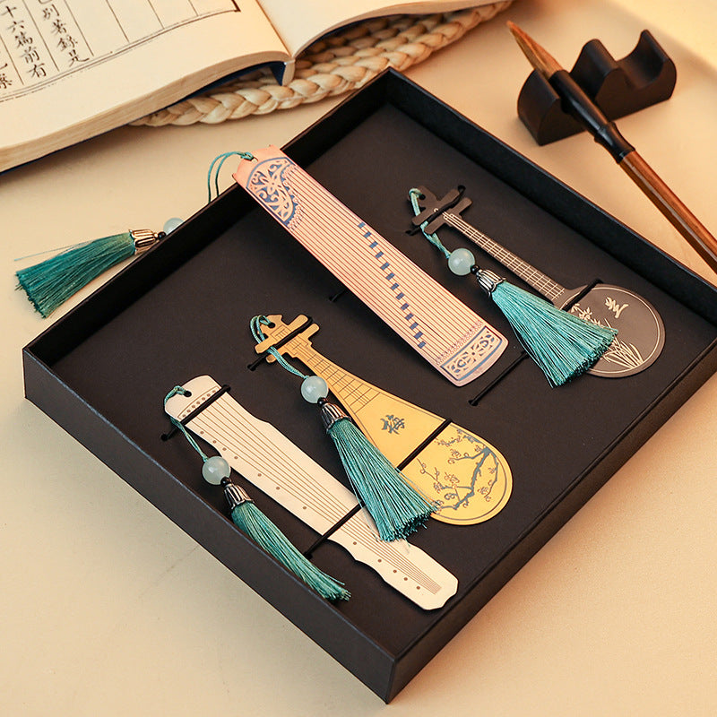 Buddha Stones Classical Musical Instruments Pipa Guzheng Guqin Ruan Metal Bookmarks Tassel With Gift Box Bookmarks BS 2