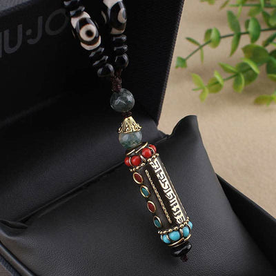Buddha Stones Tibetan Om Mani Padme Hum Dzi Bead Wenge Wood Necklace Pendant Necklaces & Pendants BS 9