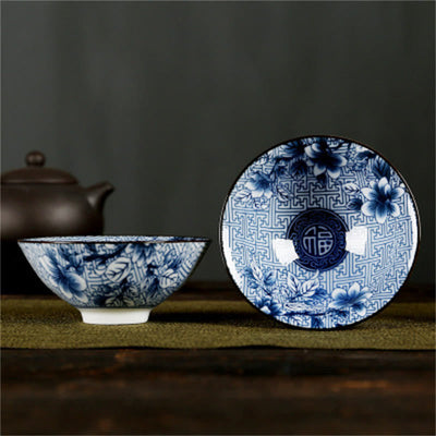 Buddha Stones Flowers Fu Character Mountains Lotus Cherry Blossoms Ceramic Teacup Kung Fu Tea Cup Cup BS Dark Blue Flower Fu Character 8.5cm*4cm*90ml