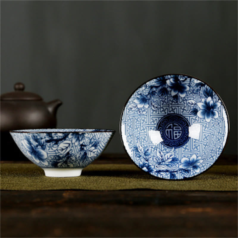 Buddha Stones Flowers Fu Character Mountains Lotus Cherry Blossoms Ceramic Teacup Kung Fu Tea Cup Cup BS Dark Blue Flower Fu Character 8.5cm*4cm*90ml