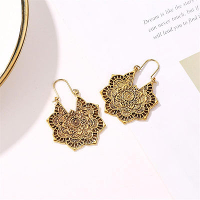 Buddha Stones Tibetan Lotus Engraving Copper Blessing Drop Earrings Earrings BS 1