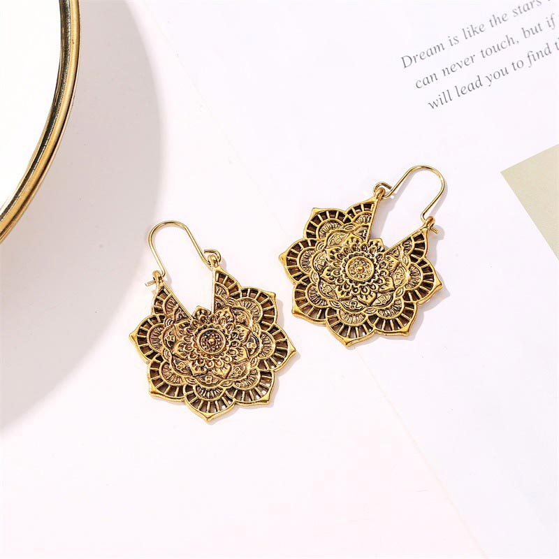 Buddha Stones Tibetan Lotus Engraving Copper Blessing Drop Earrings Earrings BS 1