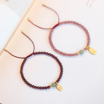 Buddha Stones Natural Strawberry Quartz Garnet Jade Lucky Fortune Fu Character Healing Charm Bracelet Bracelet BS 1
