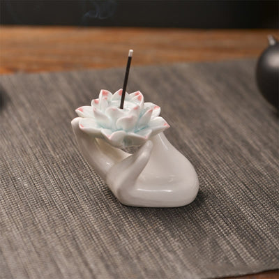 Buddha Stones Small Ceramic Lotus Hand Healing Meditation Incense Burner Decoration Incense Burner BS Lotus Hand