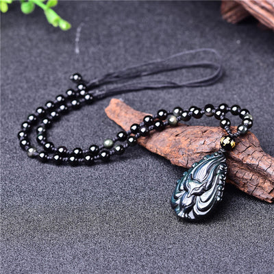 Buddha Stones Natural Rainbow Obsidian Nine Tailed Fox Inner Peace Necklace Beaded String Pendant Necklaces & Pendants BS 6