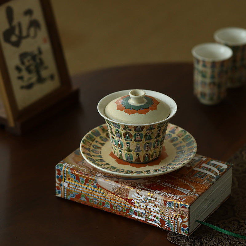 Buddha Stones Dunhuang Color Thousand Buddhas Flying Apsaras Pattern Gaiwan Teacup Kung Fu Tea Cup With Lid Cup BS 2