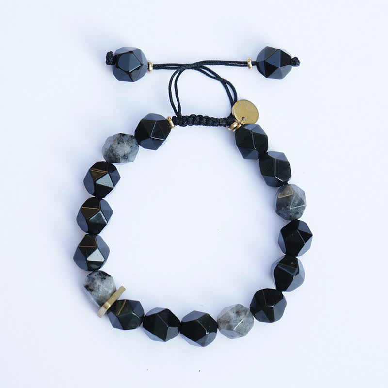 Buddha Stones Black Obsidian Black Glitter Stone Purification Bracelet Bracelet BS Prismatic Beads 17-21cm