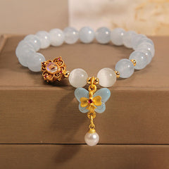 Buddha Stones Aquamarine Cat's Eye Healing Butterfly Pearl Charm Bracelet Bracelet BS Aquamarine(Wrist Circumference 14-16cm)
