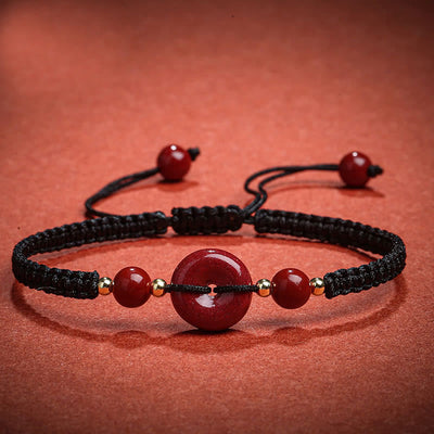 Buddha Stones Natural Cinnabar Peace Buckle Blessing String Bracelet Bracelet BS Black Rope(Wrist Circumference 14-18cm)
