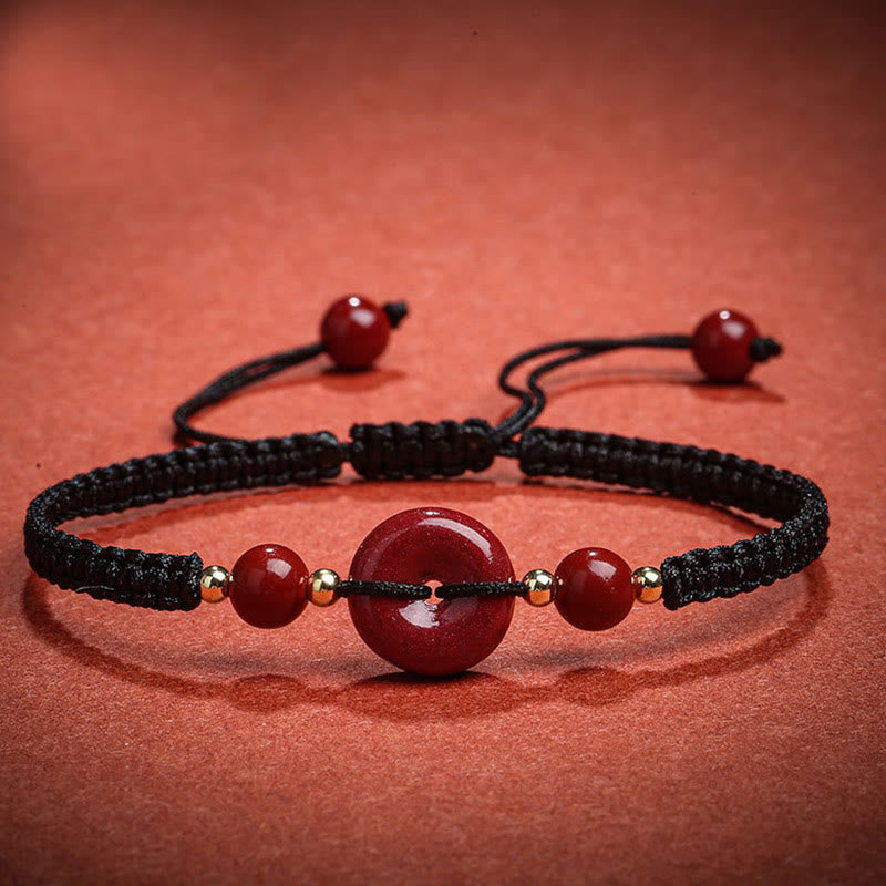 Buddha Stones Natural Cinnabar Peace Buckle Blessing String Bracelet Bracelet BS Black Rope(Wrist Circumference 14-18cm)