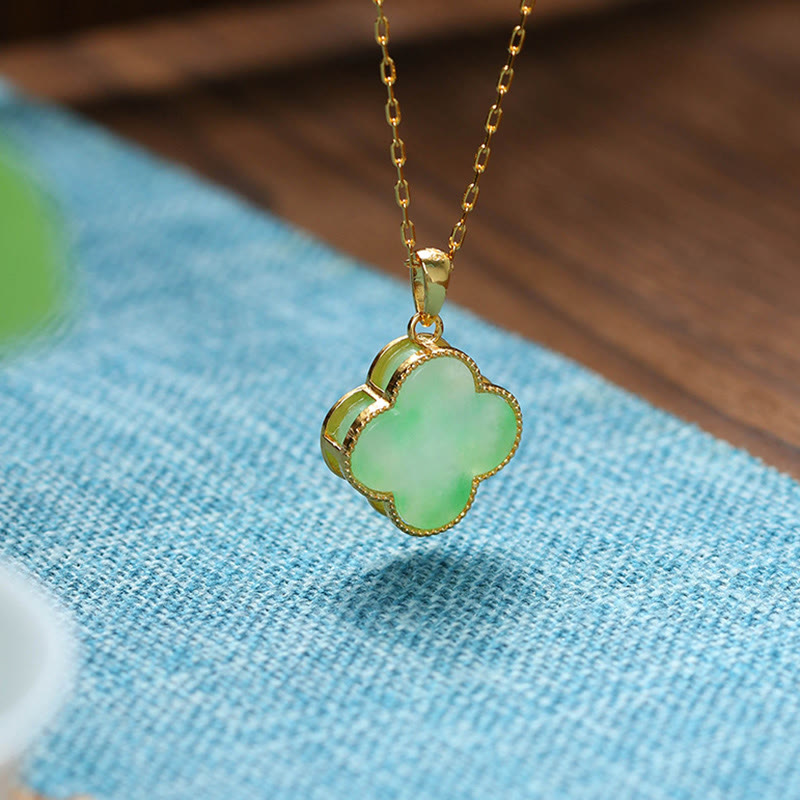 Buddha Stones Four Leaf Clover Jade Pattern Luck Necklace Pendant Necklaces & Pendants BS 3